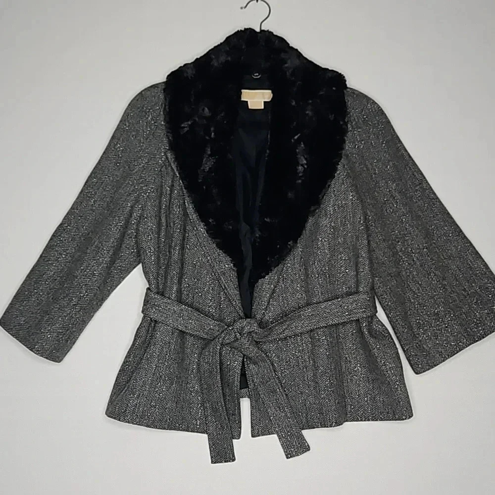 MICHAEL Michael Kors Metallic Tweed Blazer w/ Tie Waist & Faux Fur Women's Large - Picture 13 of 15